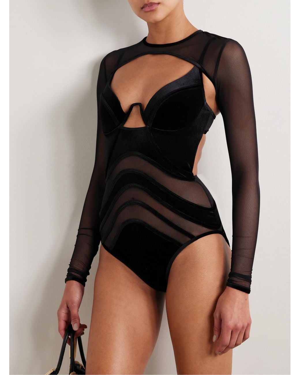Zimmermann Black Velour And Mesh Spliced Swimsuit
