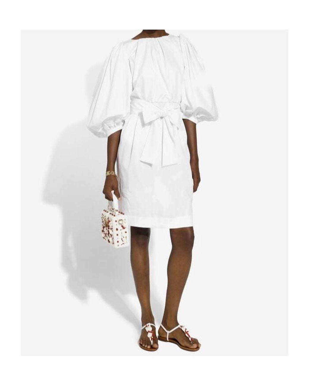 Dolce & Gabbana White Cotton Midi Dress With Puff Sleeves