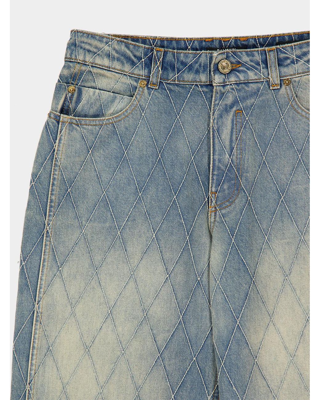 Balmain Blue Diamond-Quilted Wide-Leg Jeans