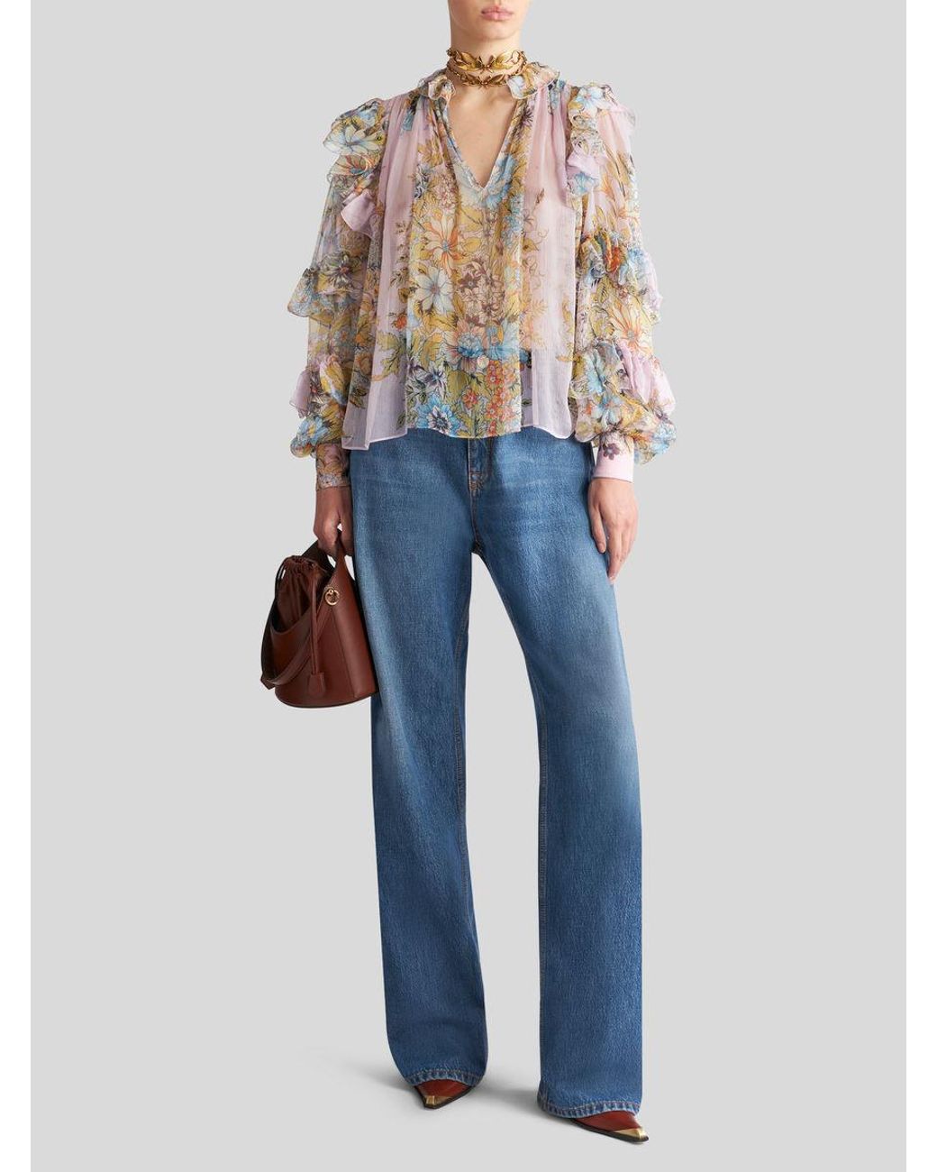 Etro Multicolor Printed Silk Blouse With Ruching