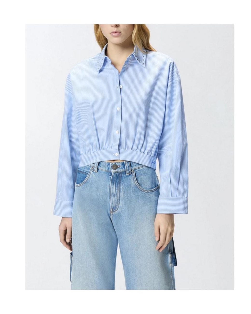 Pinko Blue Striped Rhinestone-Collar Cropped Top