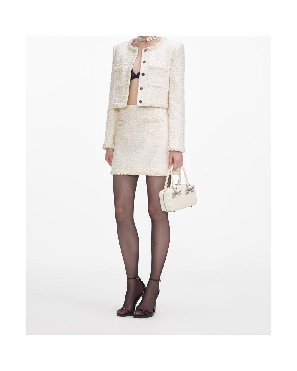 Self-Portrait White Boucle Embellished Trim Jacket
