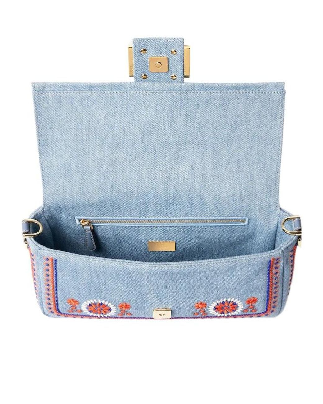 Fendi Blue Baguette Embroideed Medium Tote Bag