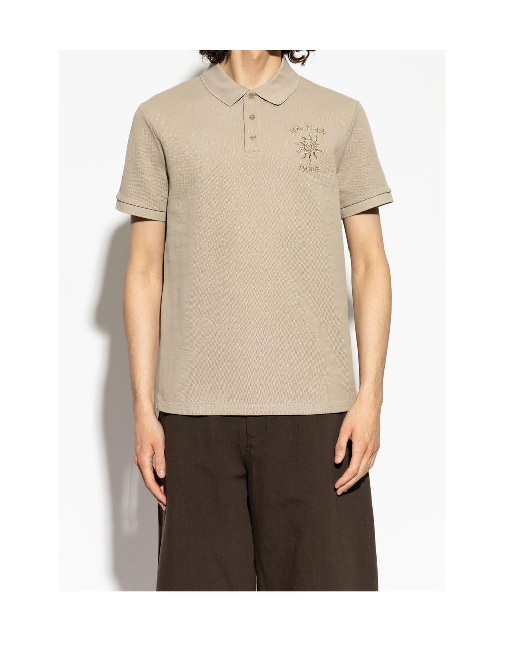 Balmain Natural Embroidered Sun Logo Polo Shirt for men