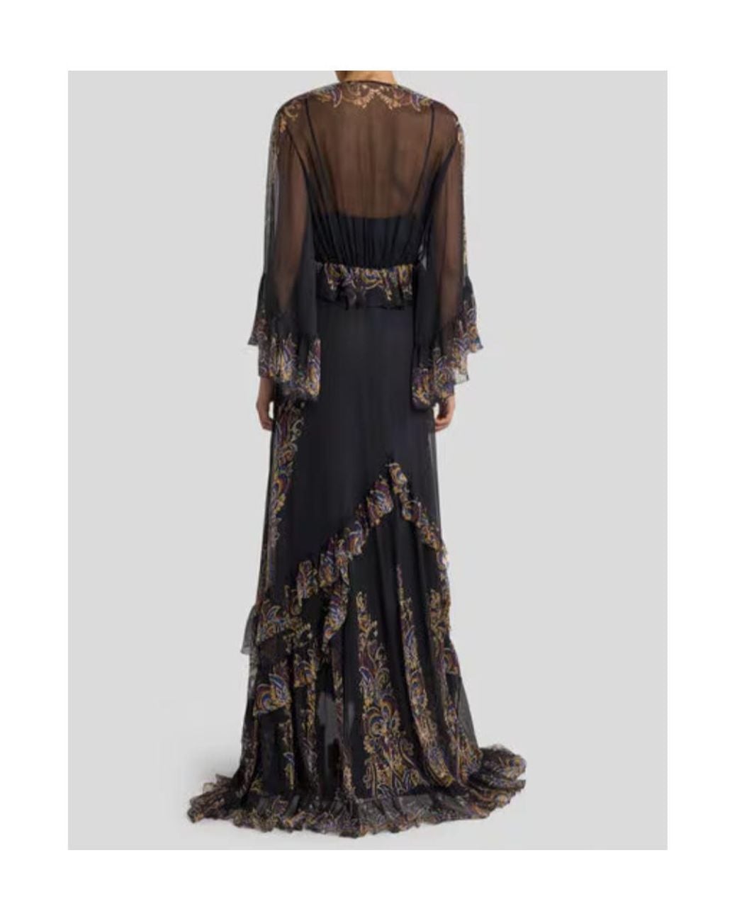 Etro Black Long Silk Dress With Placed Paisley Foliage Print