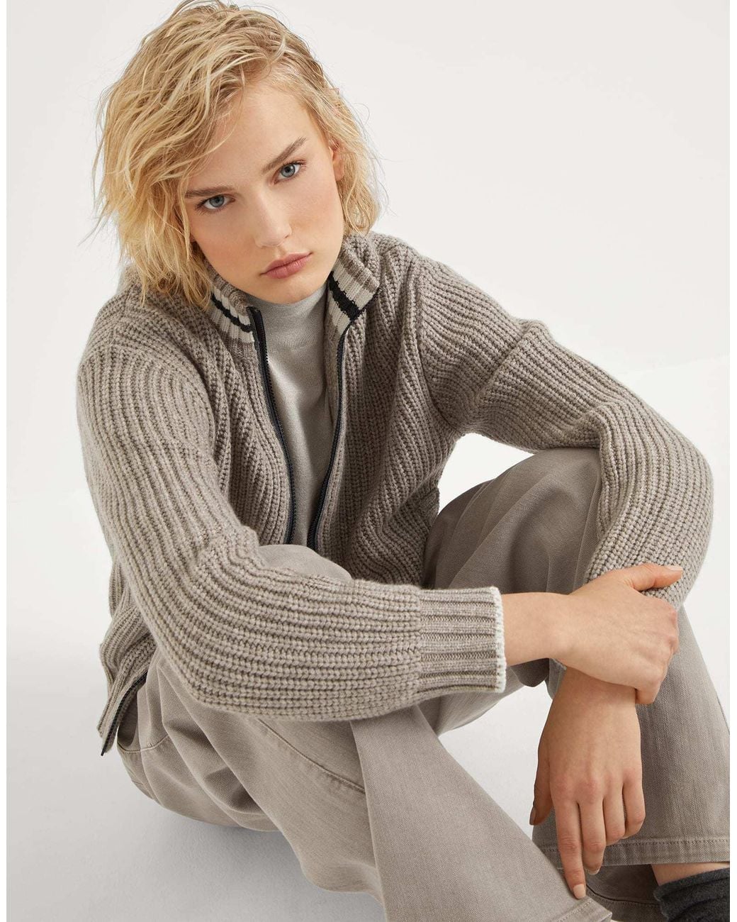 Brunello Cucinelli Brown Cashmere Cardigan With Shiny Trims