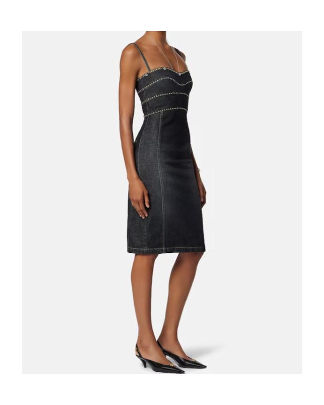 Versace Black Embellished Denim Fitted Midi Dress