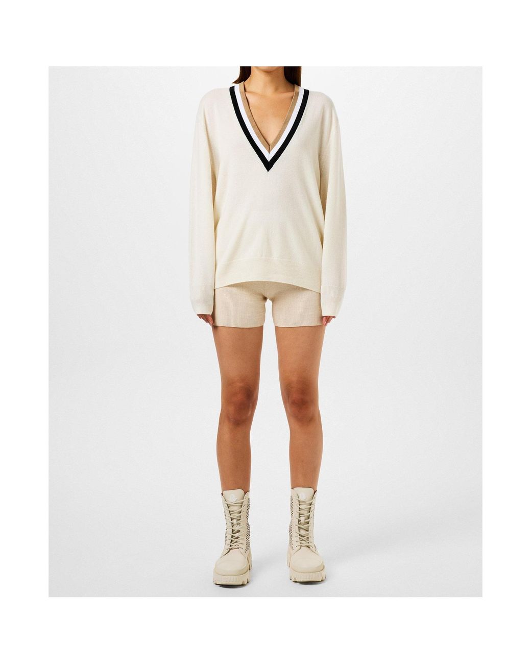 Boss White Color-Block Striped V-Neck Knit Sweater