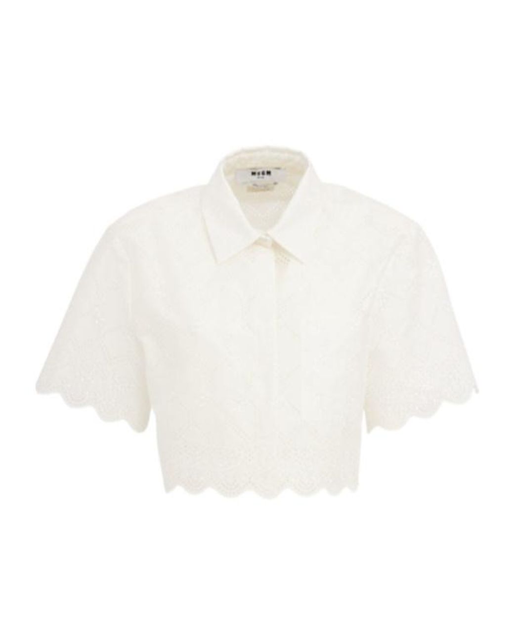MSGM White Cropped Eyelet Lace Shirt