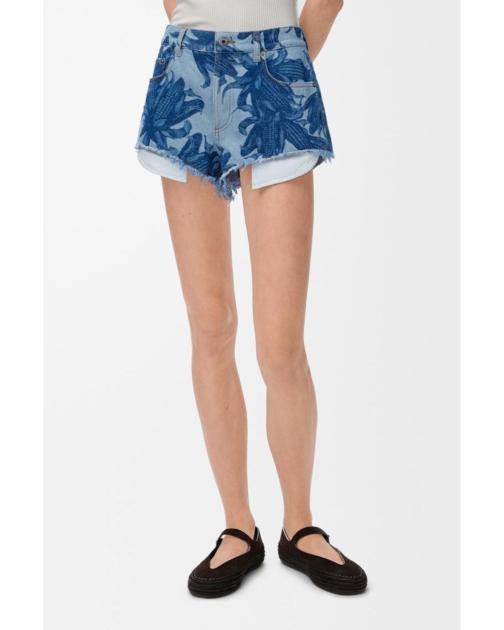 Loewe Blue Floral-Print Frayed Shorts