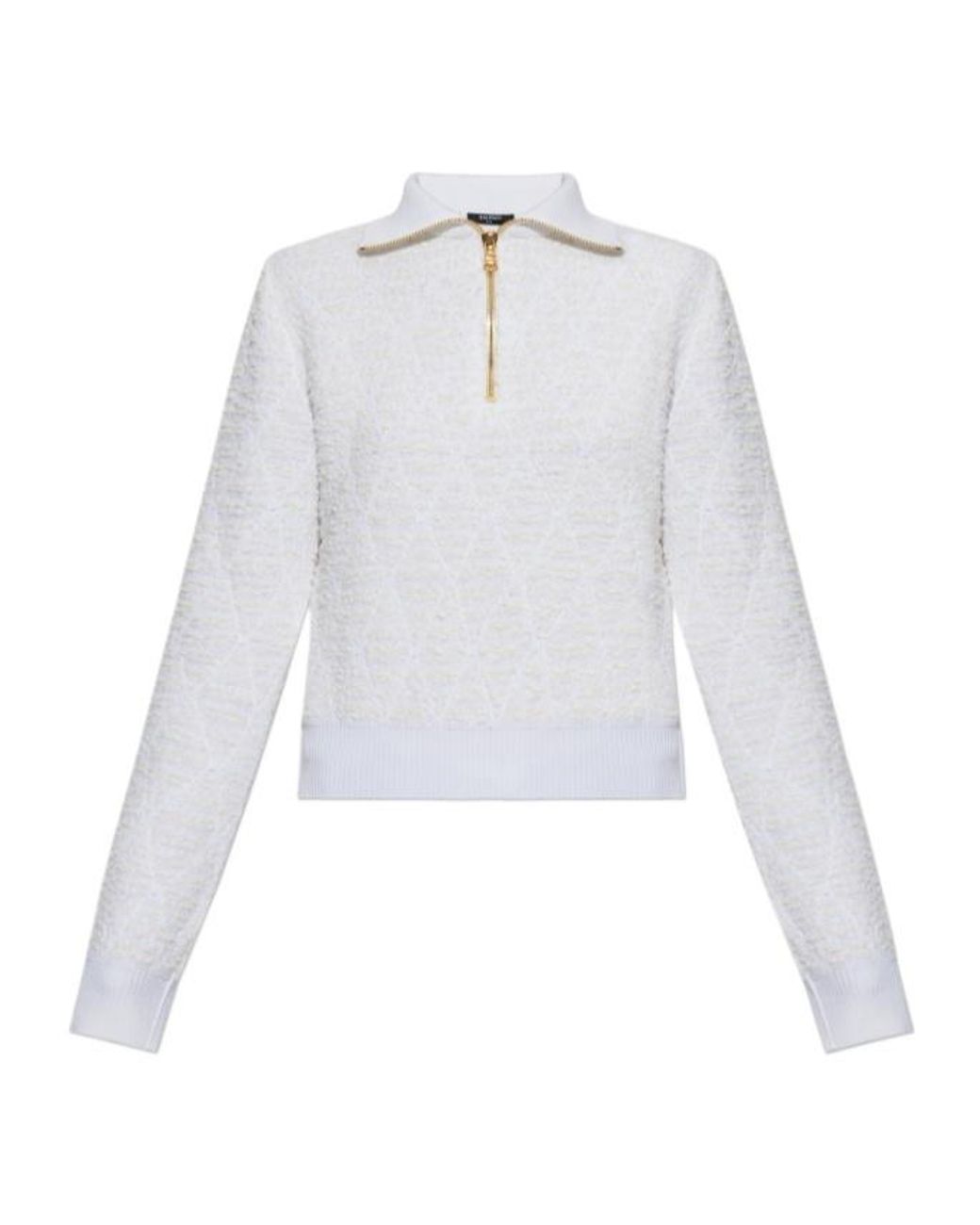 Balmain White Half-Zip Textured-Knit Sweater