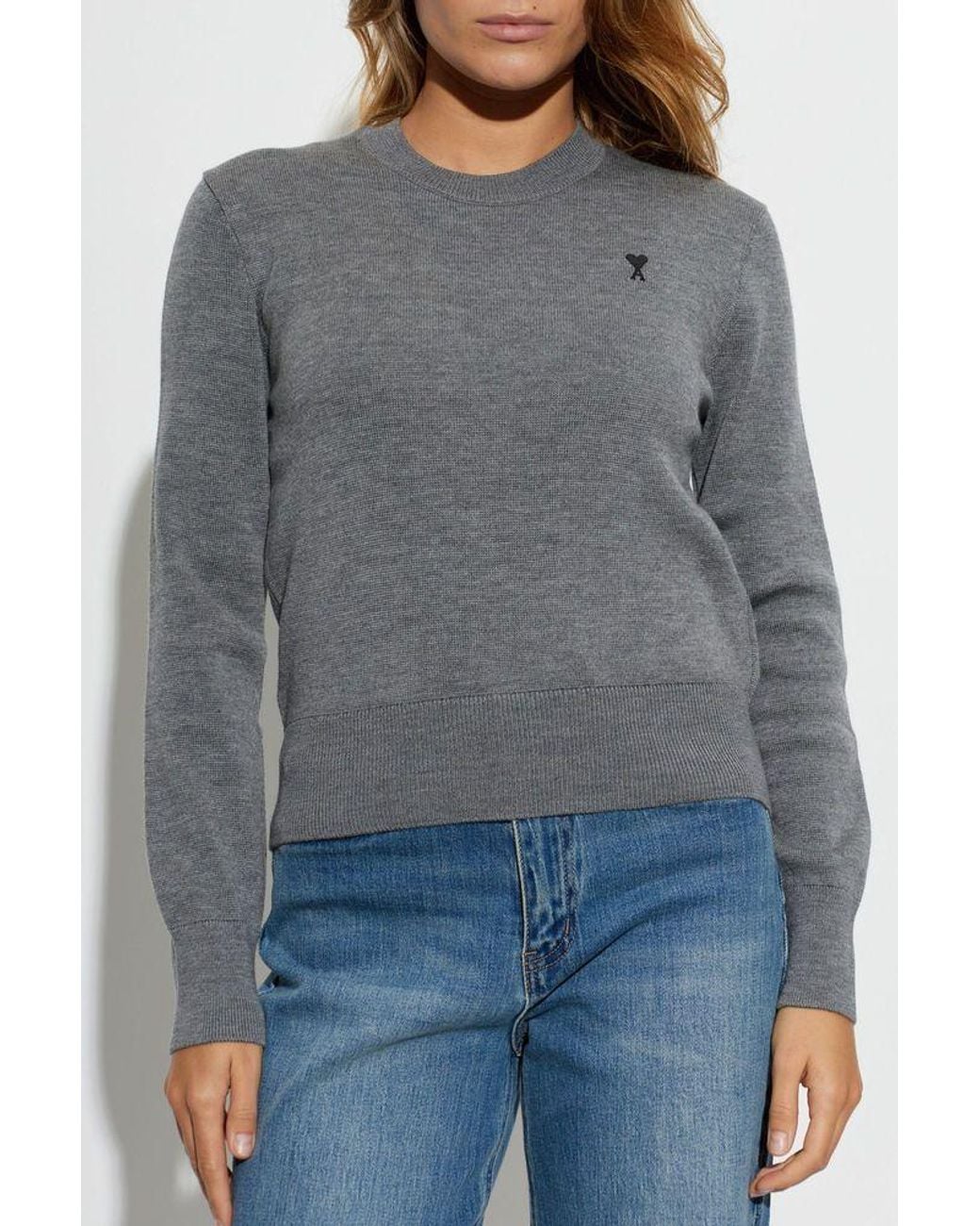 AMI Gray Ami Logo Crew Neck Knitted Jumper