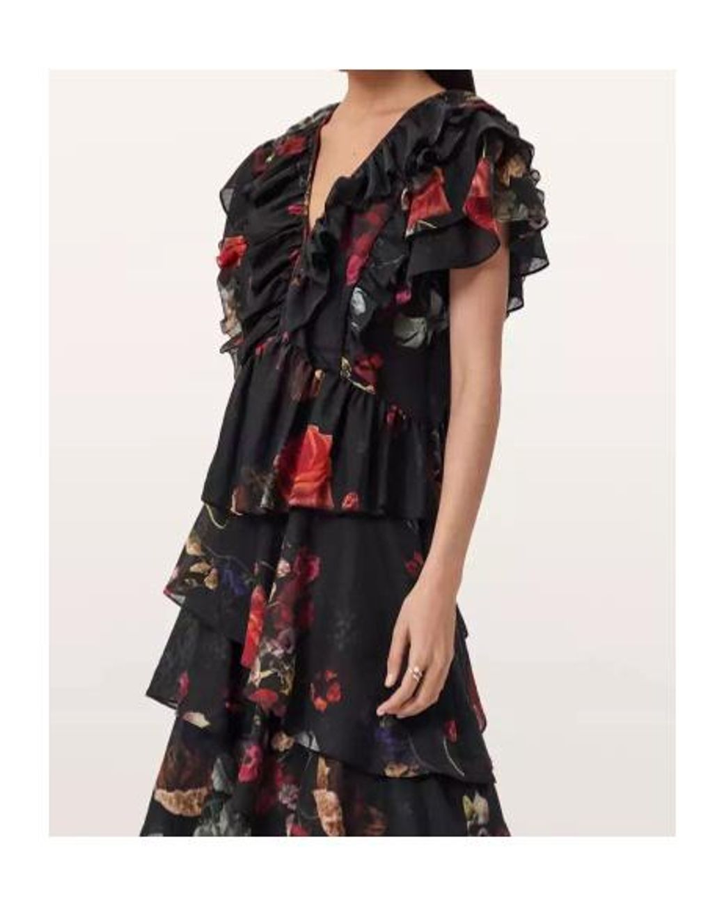 AllSaints Black Alma Ruffled Floral Top