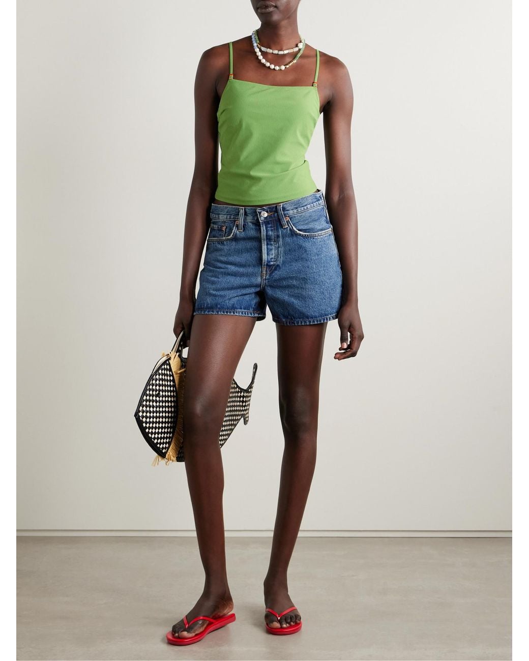 Staud Green Cleo Bead-Embellished Ribbed Bikini Top