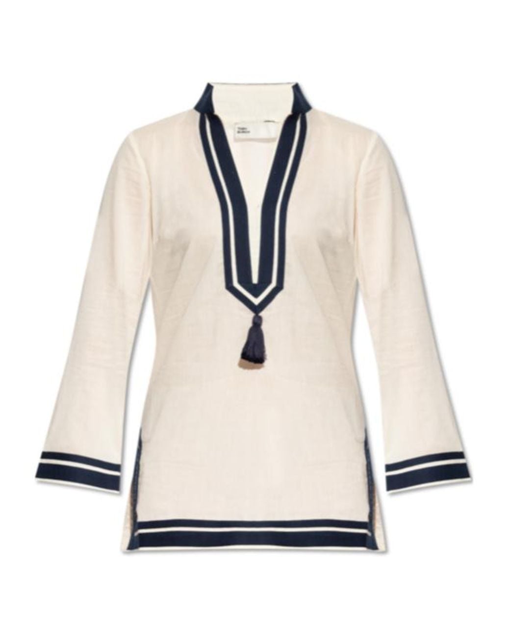 Tory Burch Natural Embroidered Tassel Tunic Top