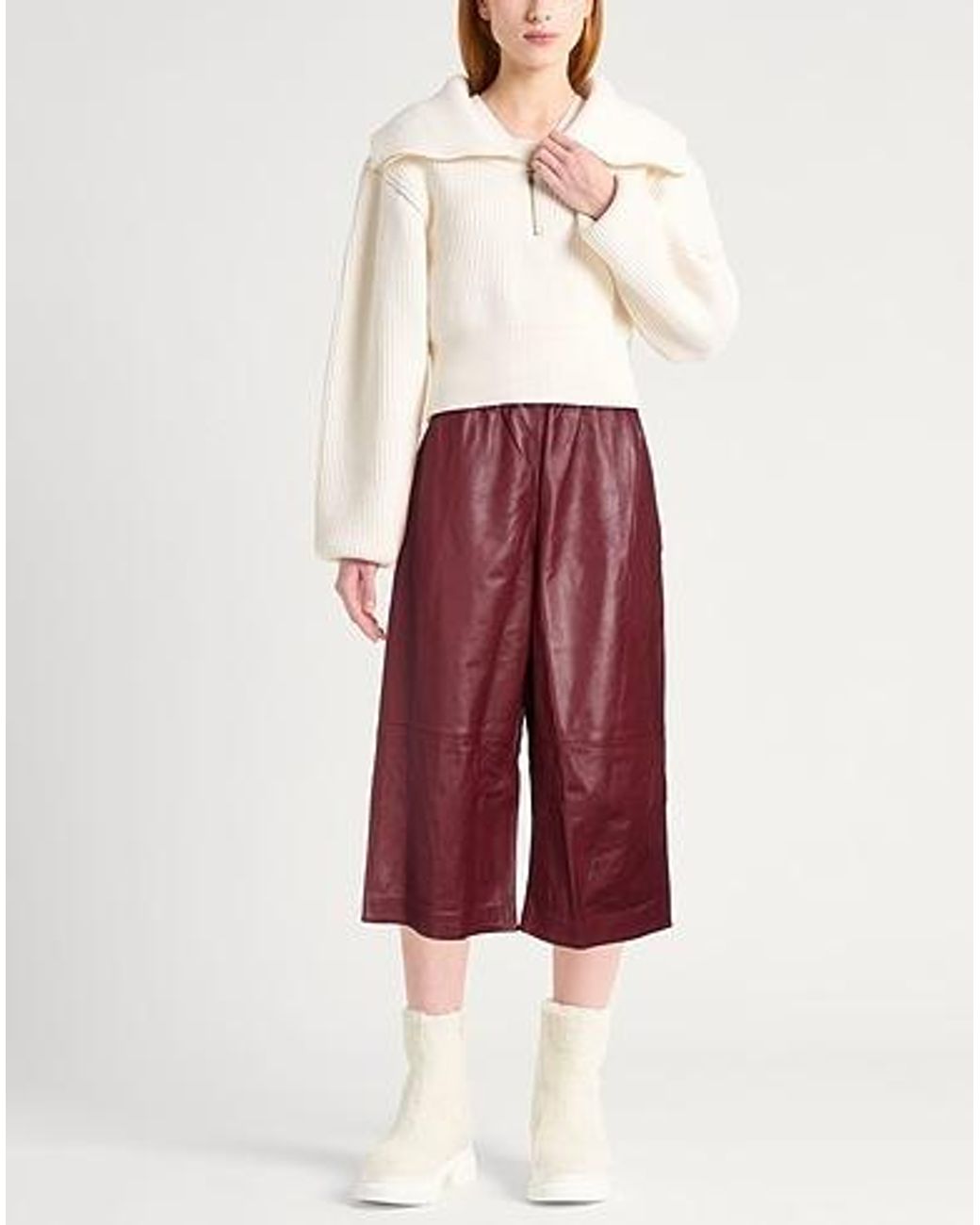 Marni Red Solid-Color Leather Wide-Leg Pants