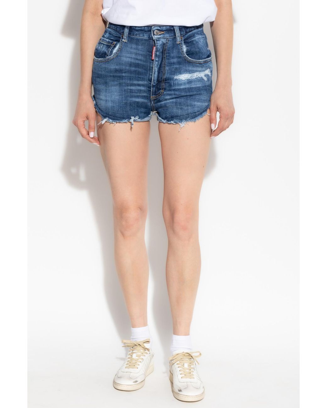 DSquared² Blue Logo Patch Distressed Shorts
