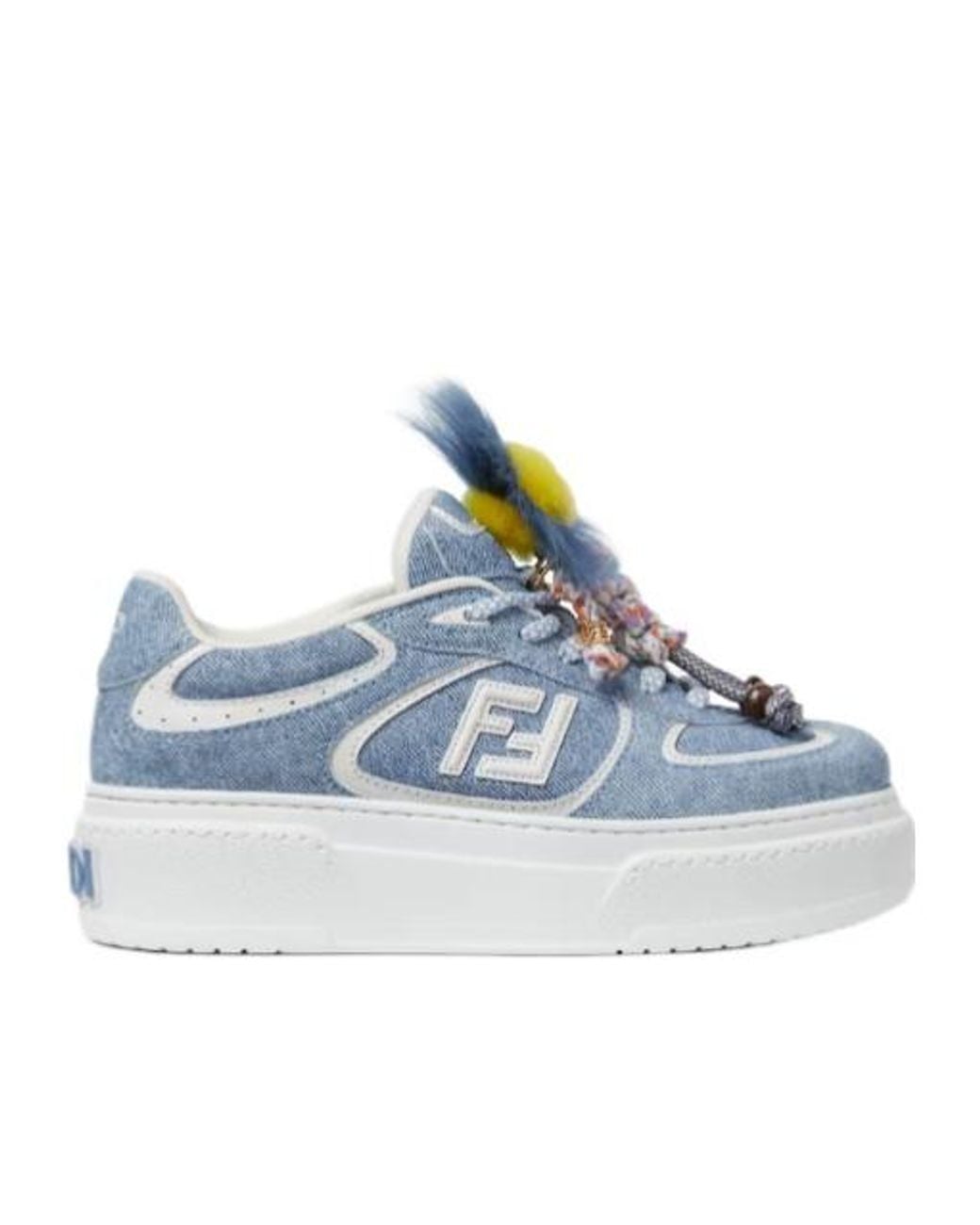 Fendi Blue Denim-Effect Printed Suede Platform Sneakers With Charms
