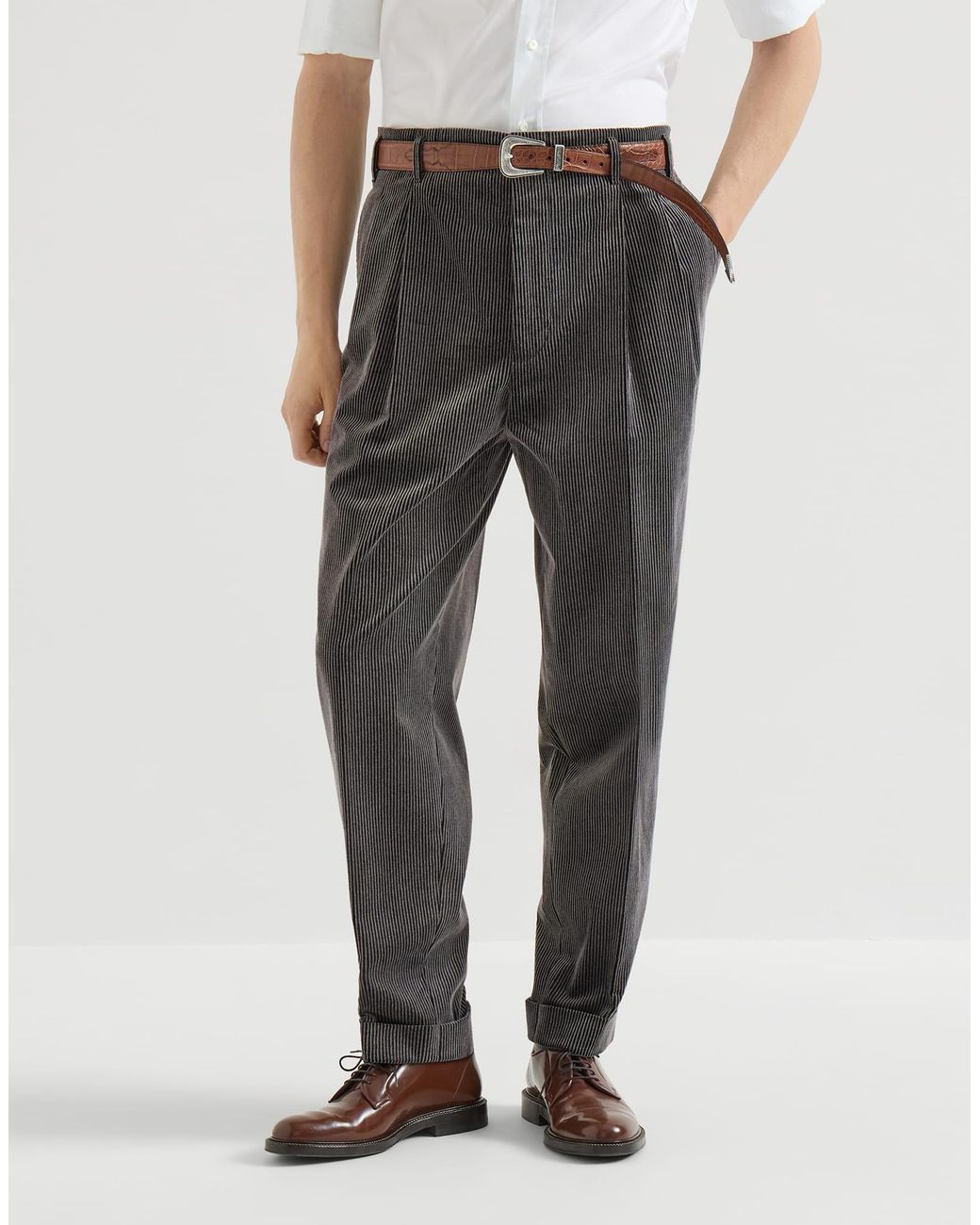 Brunello Cucinelli Gray Frosted Cotton Corduroy Trousers With Double Pleats for men