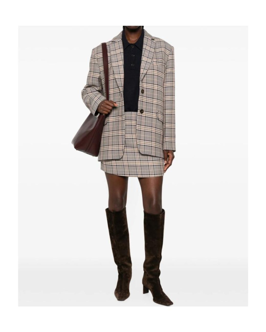 Anine Bing Brown Quinn Checked Blazer