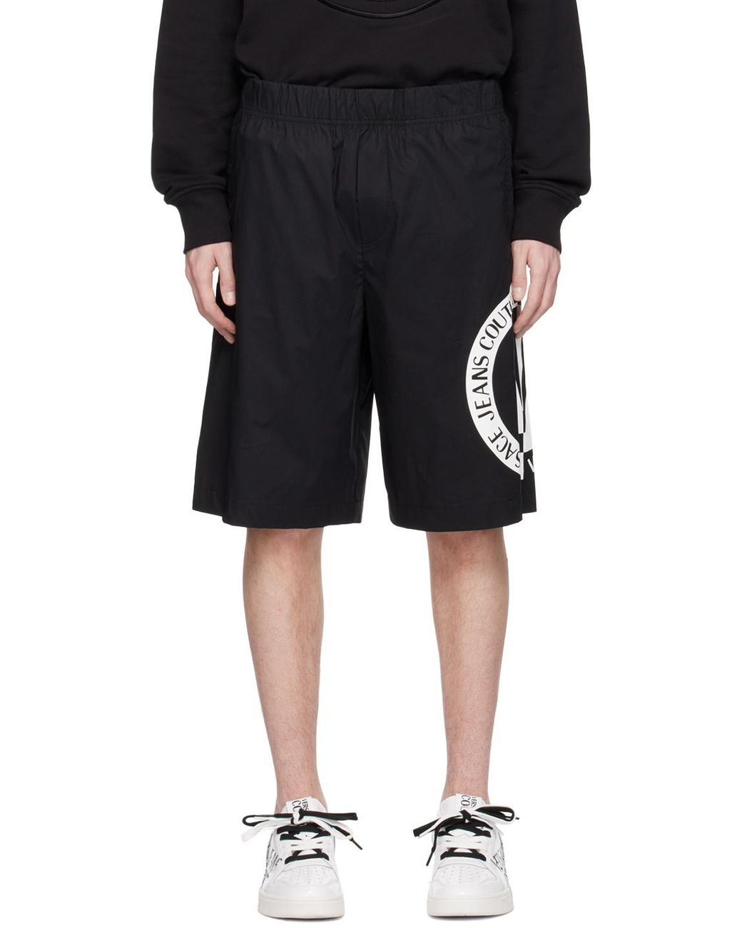 Versace Jeans Black Couture Logo-Printed Elasticated Waistband Shorts for men