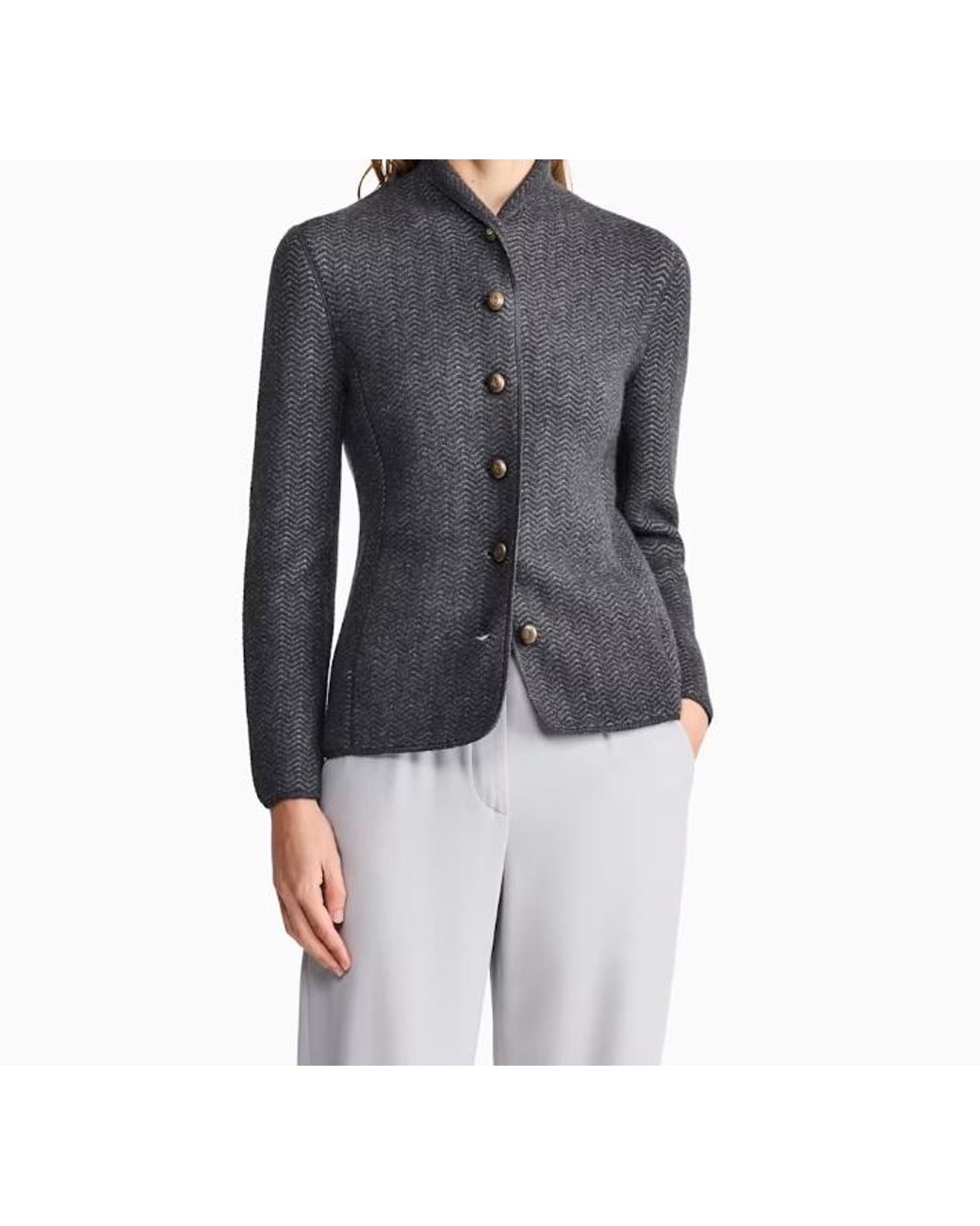 Giorgio Armani Gray Herringbone Cashmere Knit Jacket With Stand Collar