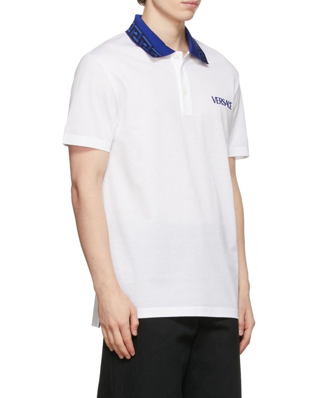 Versace Blue Intarsia-Knit Logo Straight Hem Polo Shirt for men