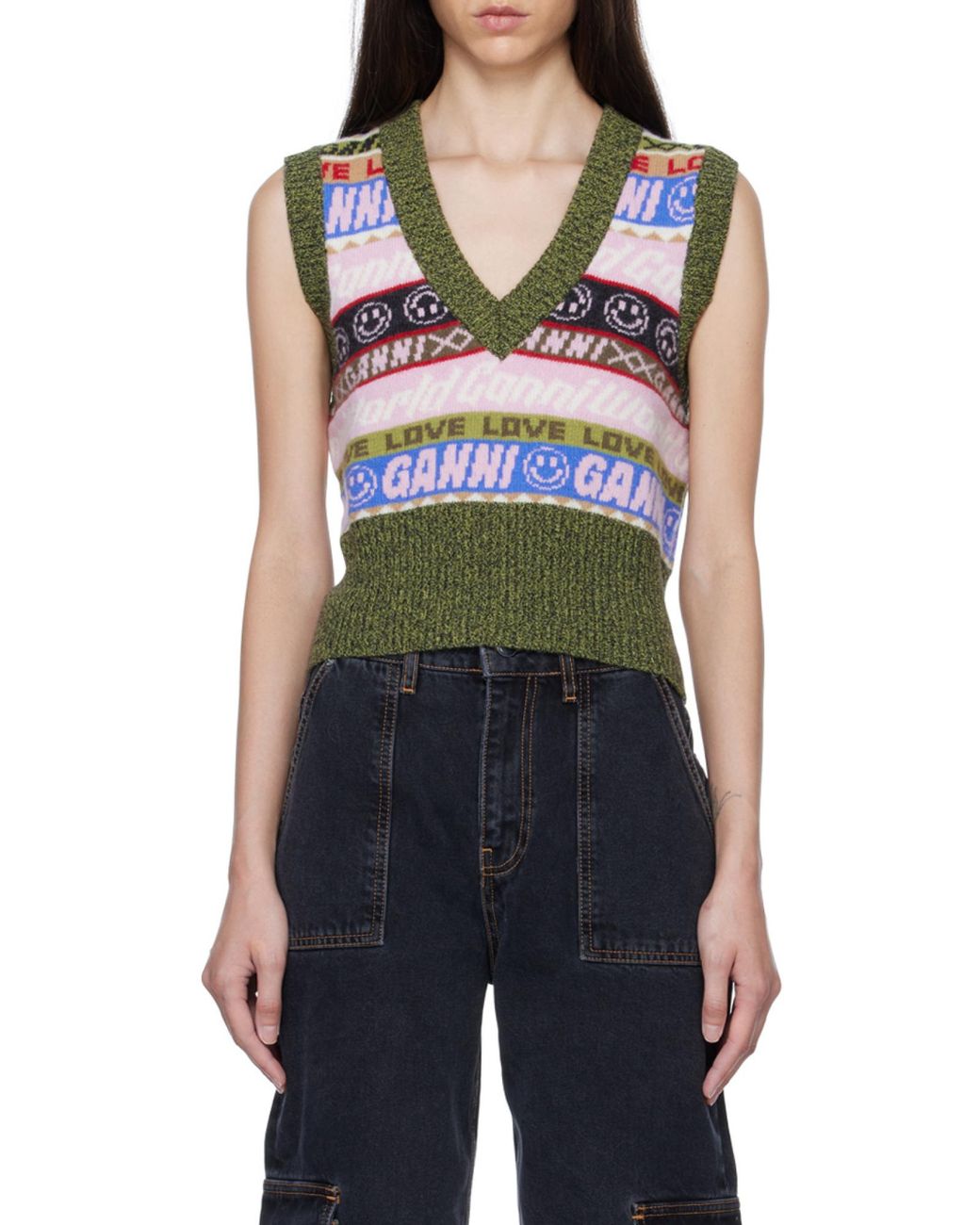 Ganni Gray Graphic V-Neck Vest