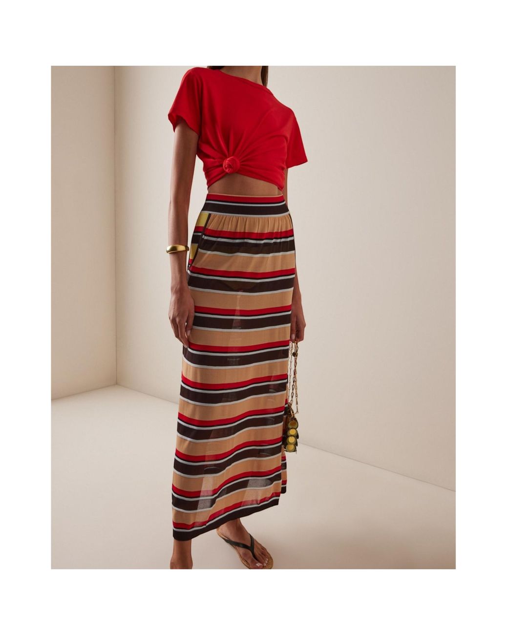 Rabanne Red Striped Semi-Sheer Maxi Skirt
