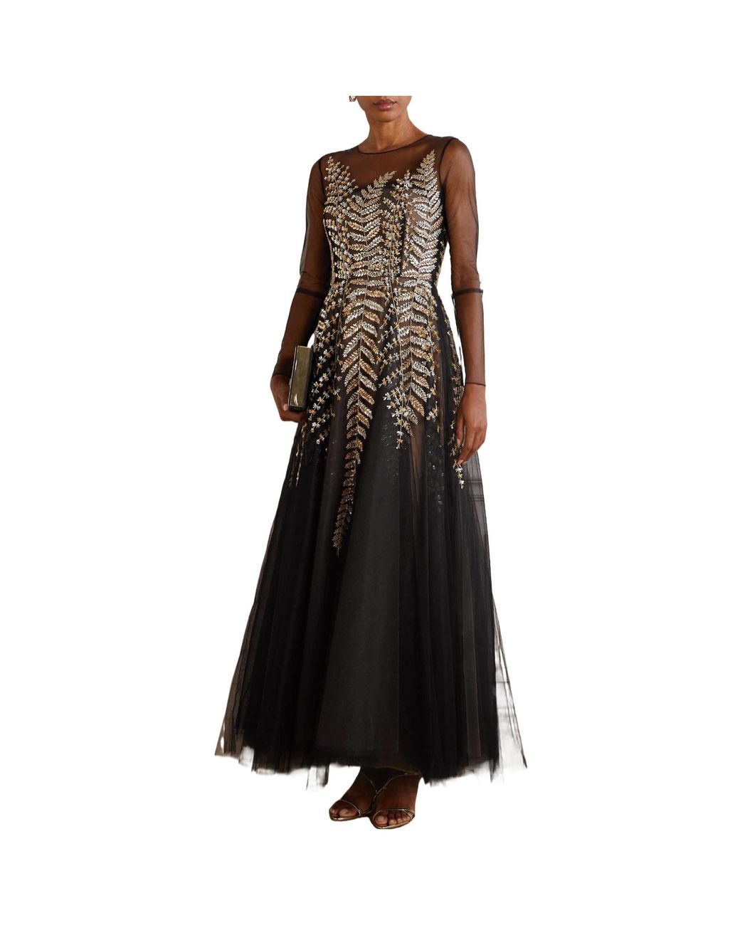 Oscar de la Renta Multicolor Embellished Pleated Tulle Midi Dress