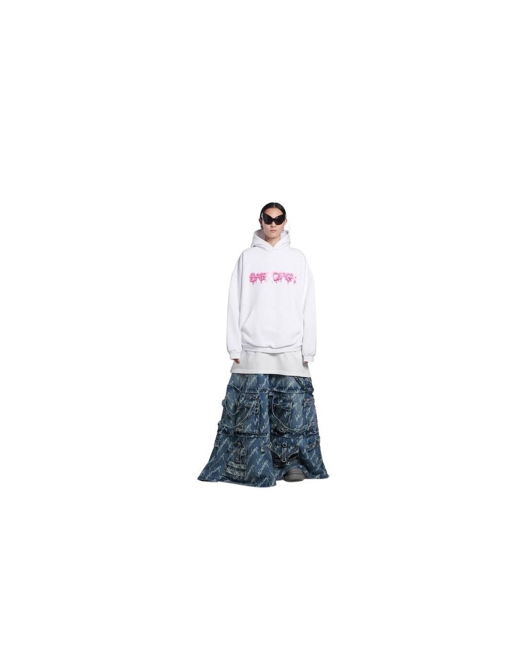 Balenciaga White Logo Print Ribbed Hem Hoodie