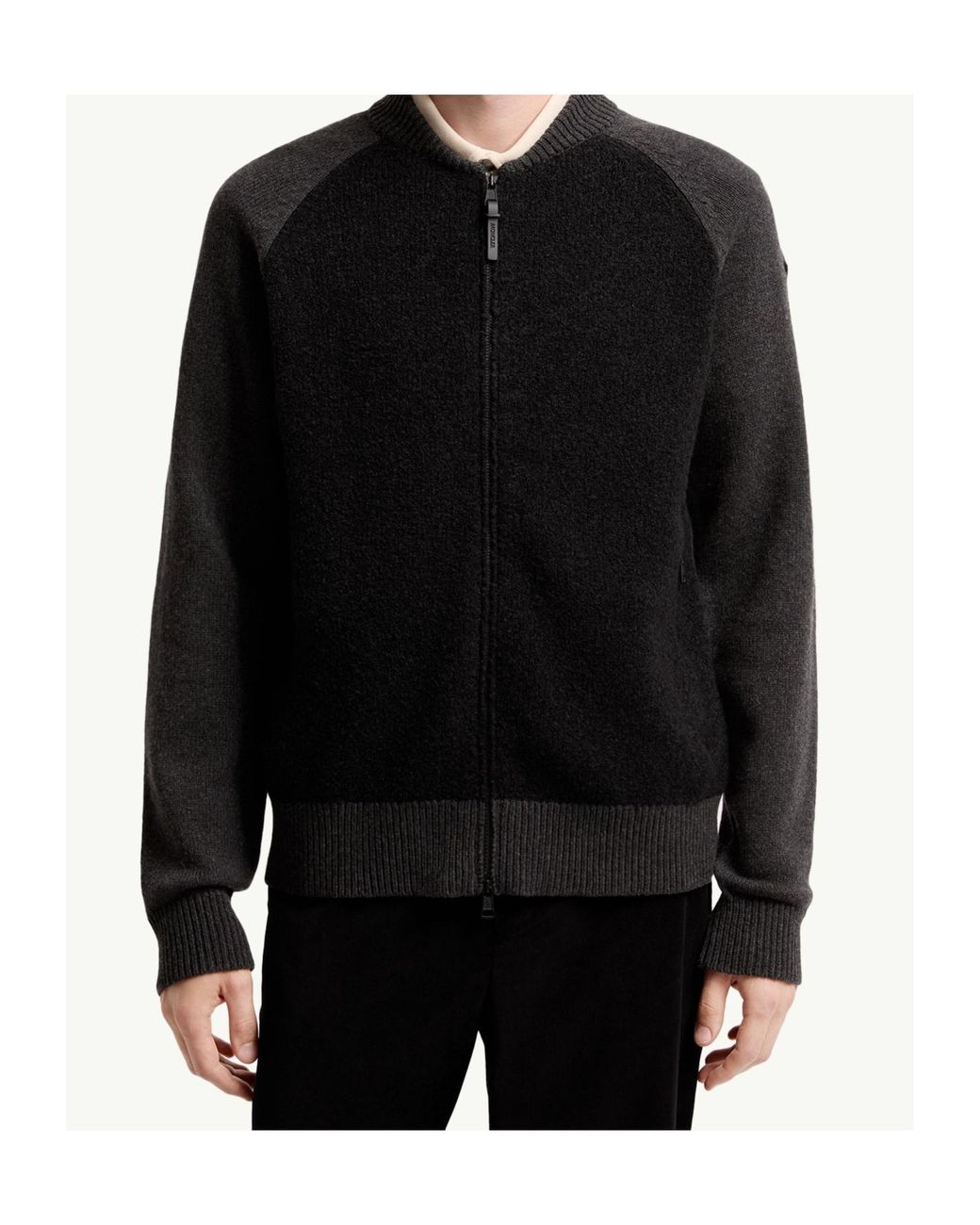 Moncler Black Bouclé Wool Cashmere Blend Zip Cardigan for men