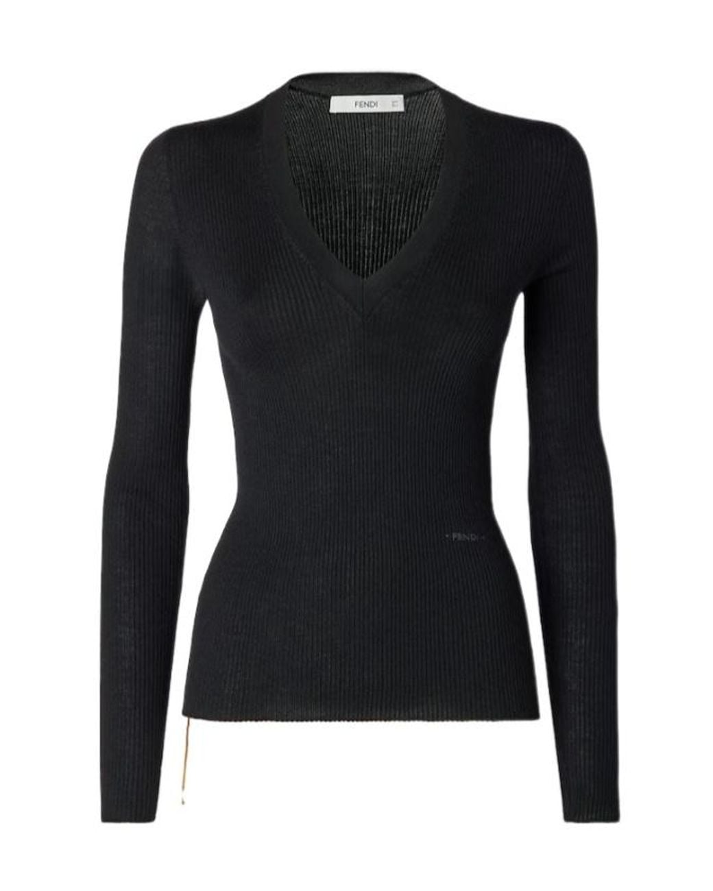 Fendi Black Ribbed V-Neck Knitted Sweater
