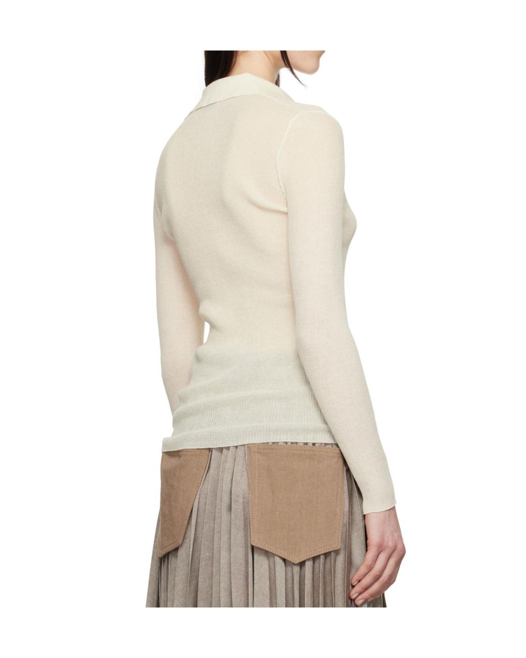 Moncler Natural Long-Sleeved Fine Ribbed Polo Top