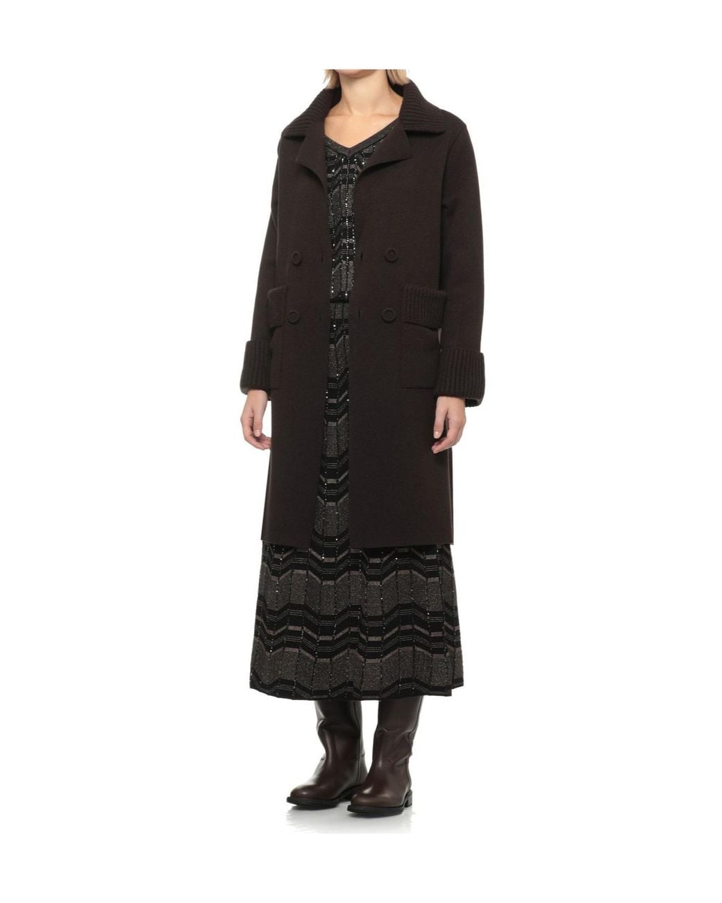 D.exterior Black Ribbed Trim Double-Breasted Coat