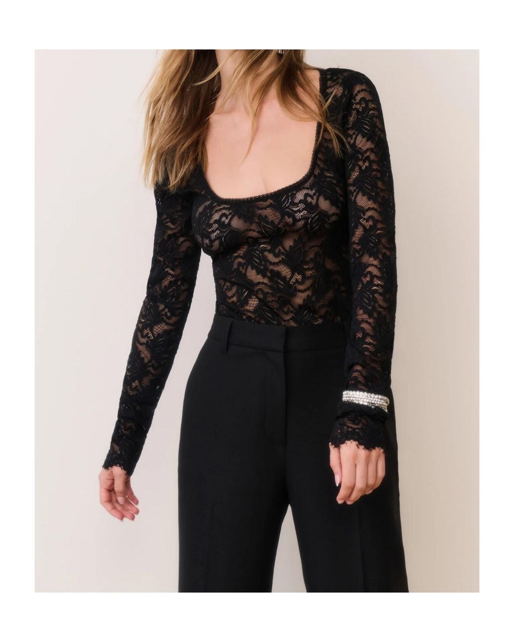 LoveShackFancy Black Jannie Lace Long-Sleeve Bodysuit
