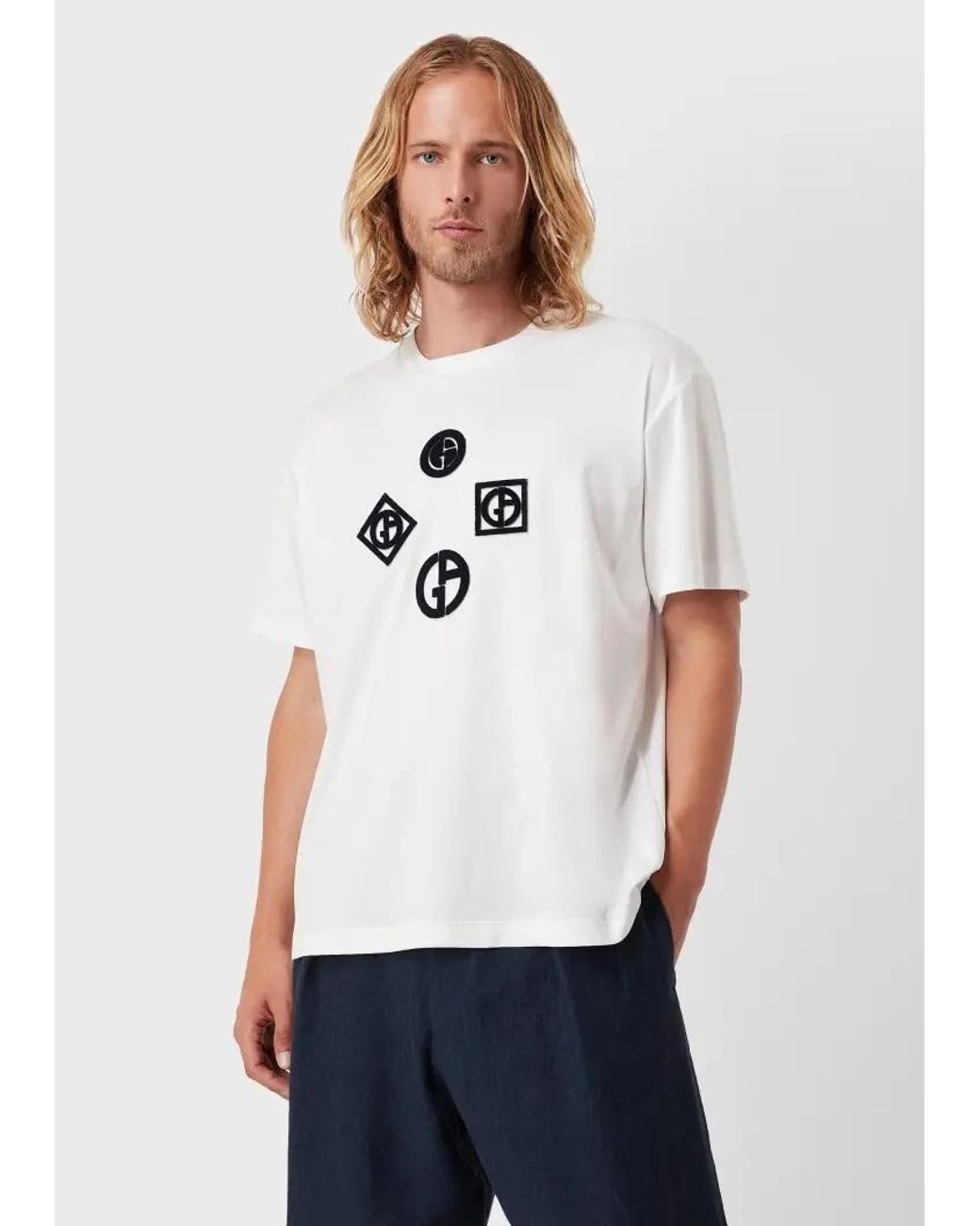 Giorgio Armani White Logo-Patch Cotton T-Shirt for men
