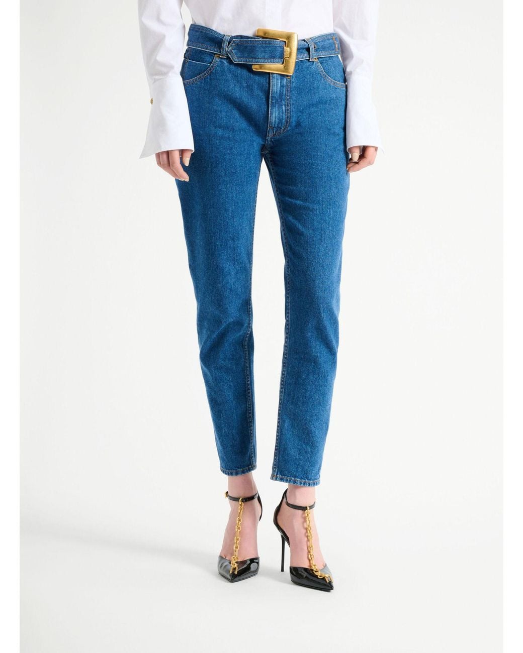 Balmain Blue Belted Mid-Rise Slim Jeans