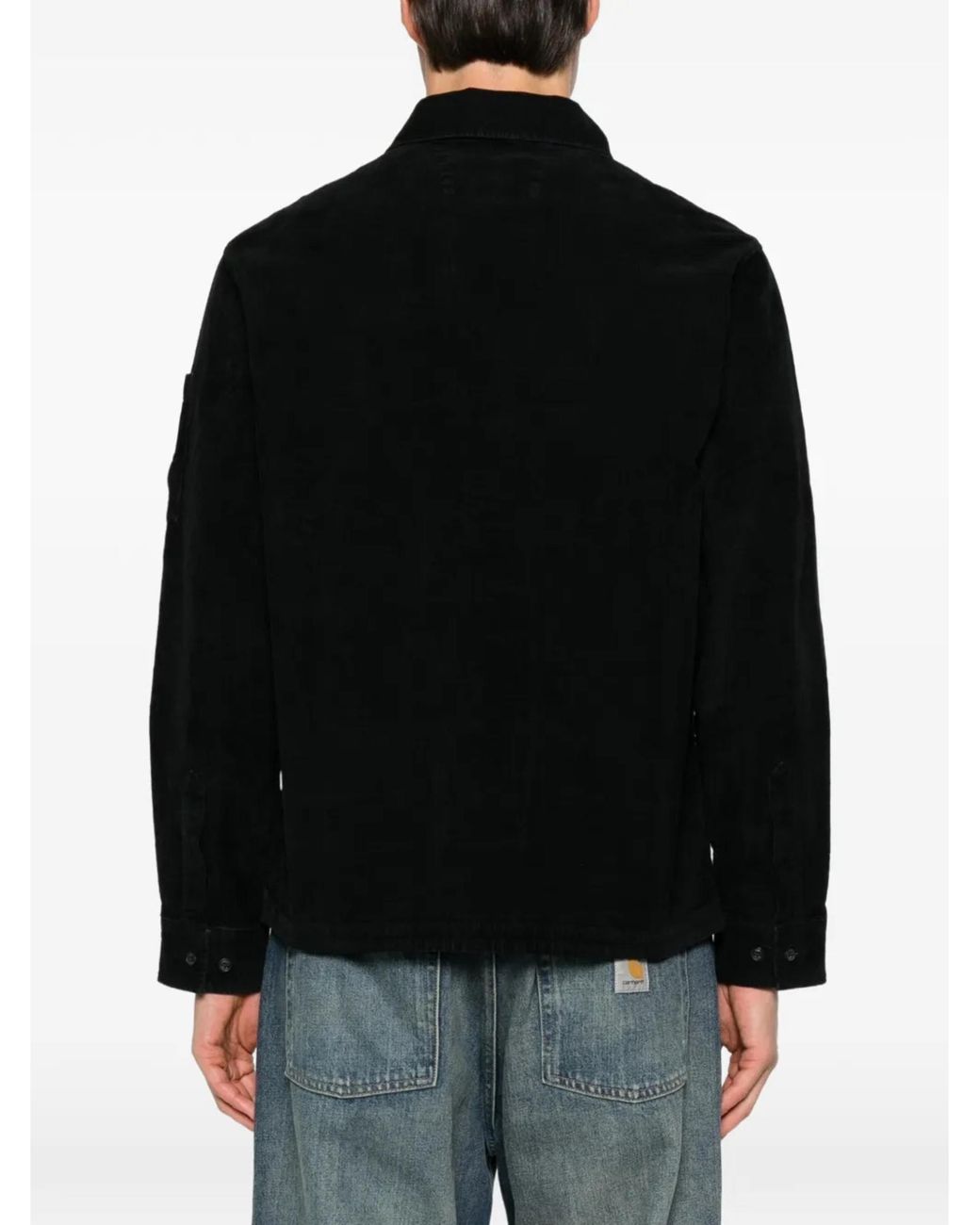 C P Company Black Corduroy Button-Front Jacket With Lens Sleeve Pocket for men