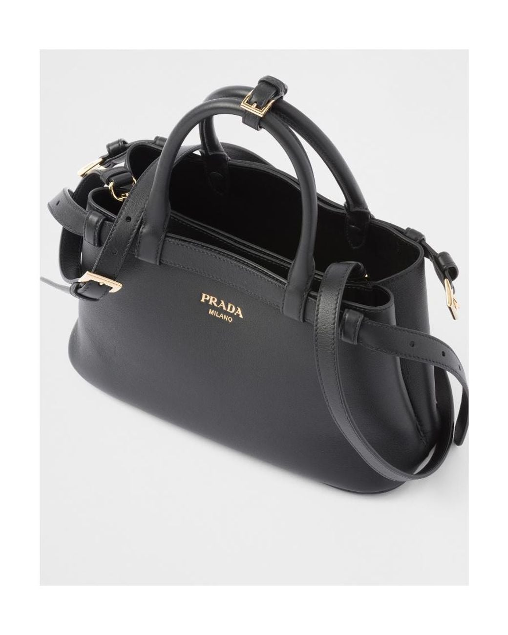 Prada Black Buckle Small Leather Handbag With Double Belt