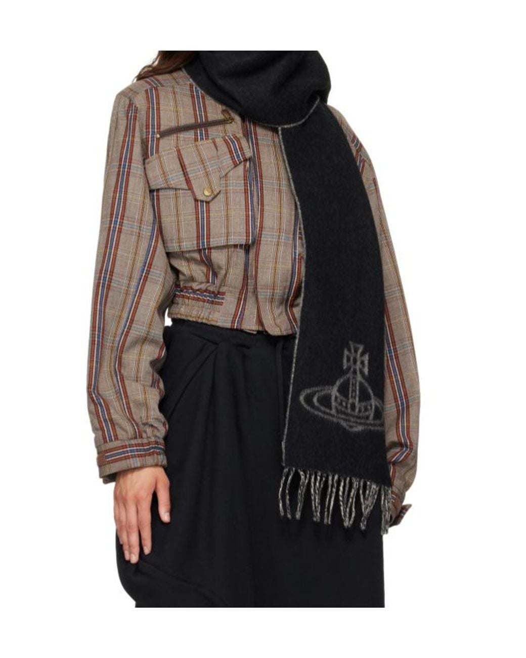 Vivienne Westwood Black Orb-Embroidered Fringed Scarf