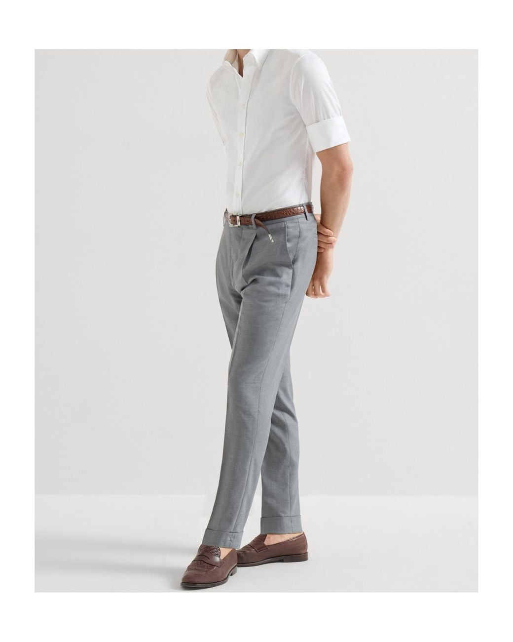 Brunello Cucinelli Gray Virgin Wool And Silk Lightweight Hopsack Trousers With Pleat for men