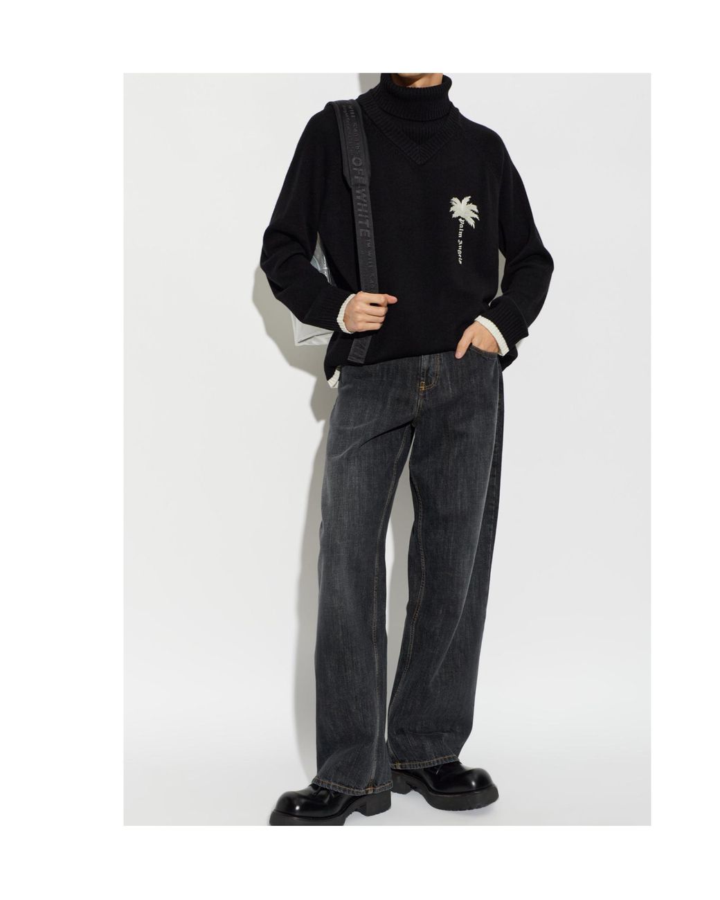 Palm Angels Black Long-Sleeved Turtleneck Knit Top for men
