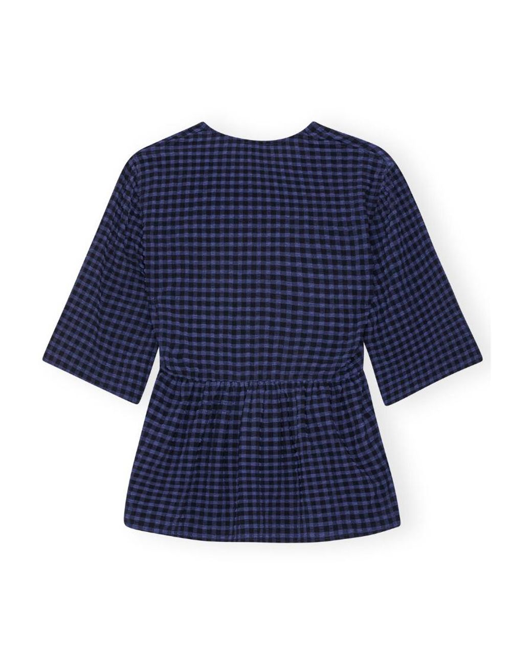 Ganni Checkered Seersucker V-Neck Peplum Blouse in Blue | Lyst UK