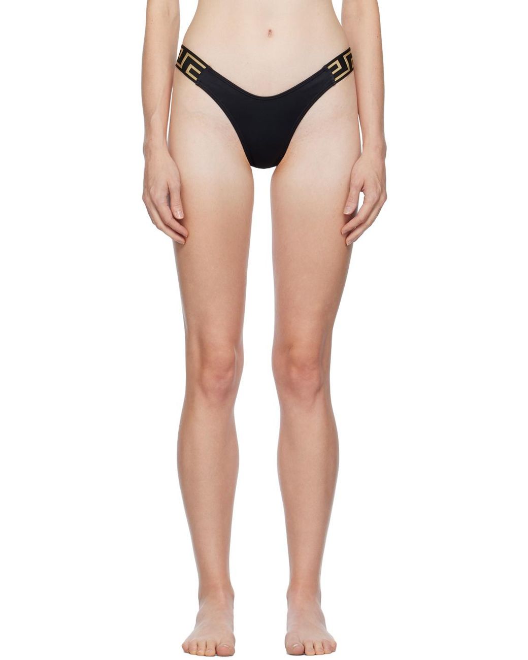 Versace Black Greca-Pattern プリント Tバック ビキニボトム