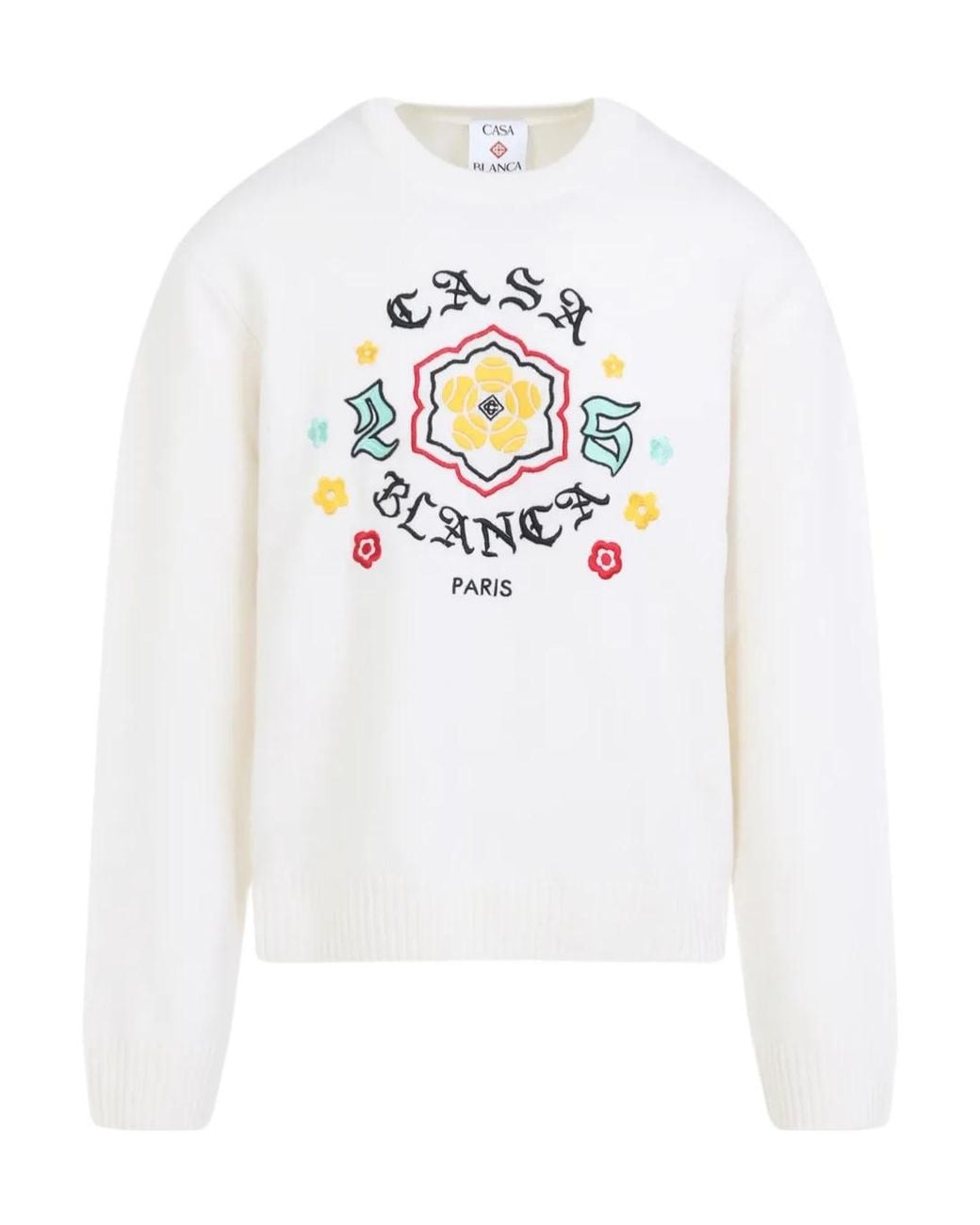 Casablanca White Floral Embroidered Crew Neck Sweater for men