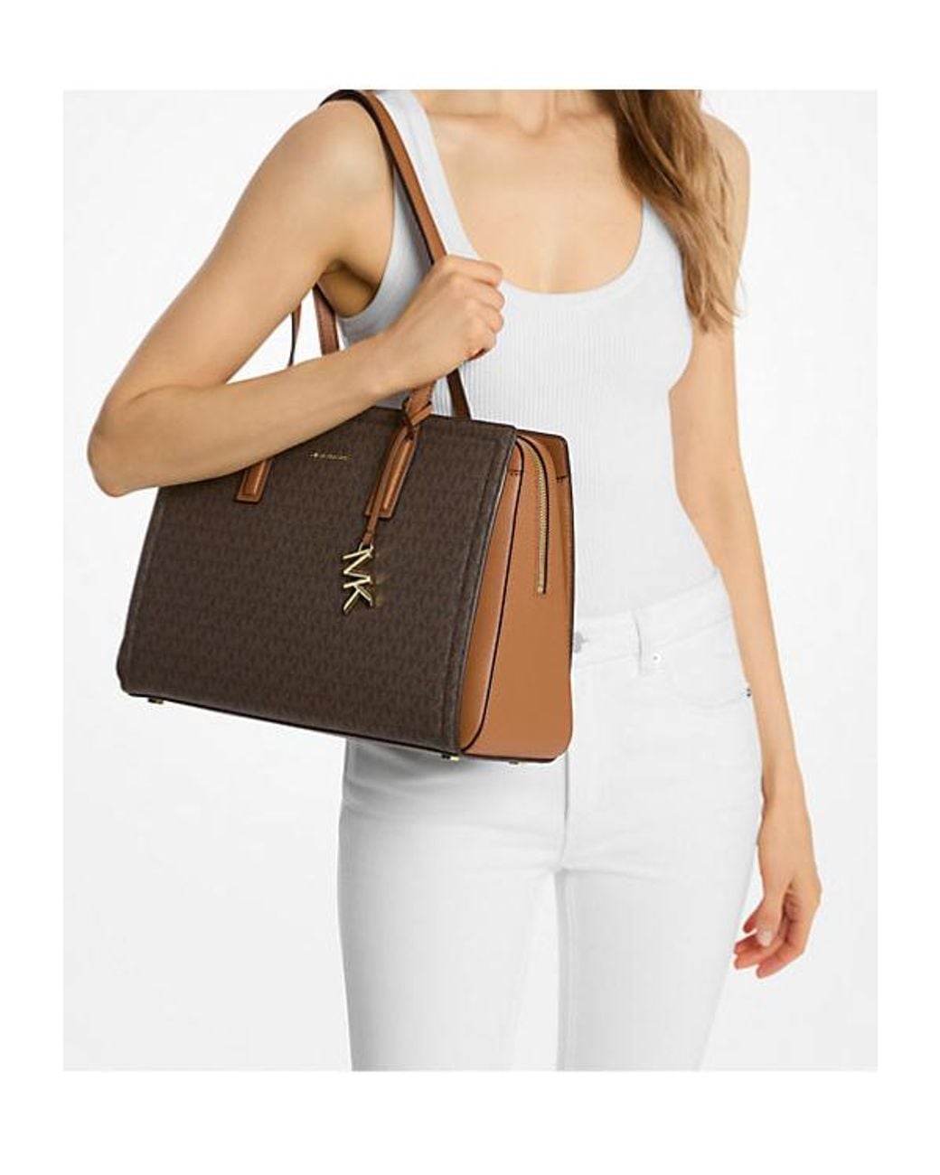 MICHAEL Michael Kors Brown Michael Kors Laila Medium Signature Logo Tote Bag