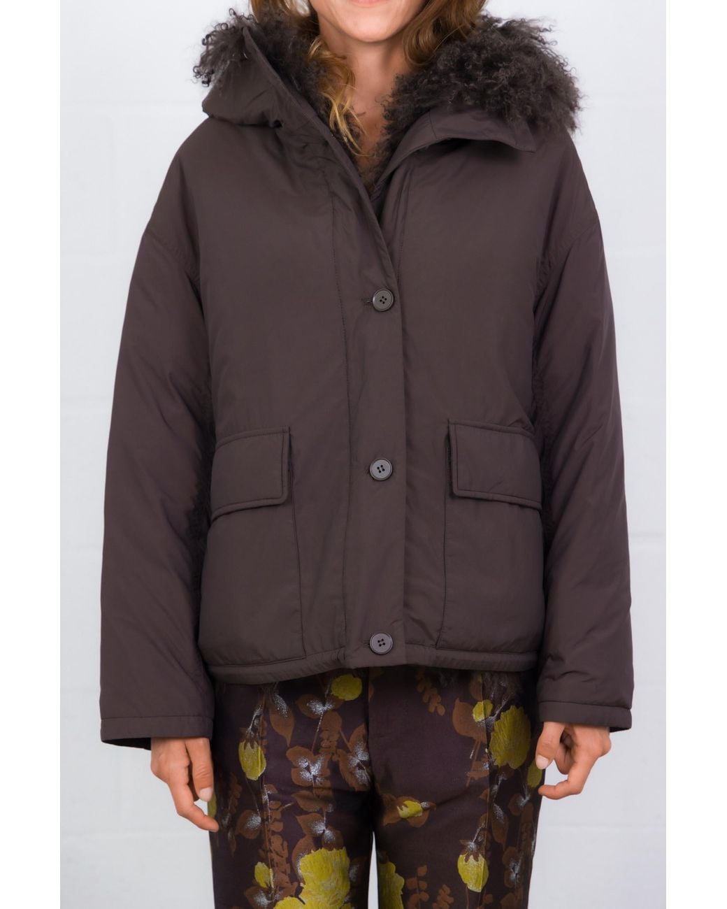 Yves Salomon Brown Down Jacket With Faux-Fur Trim And A Hood