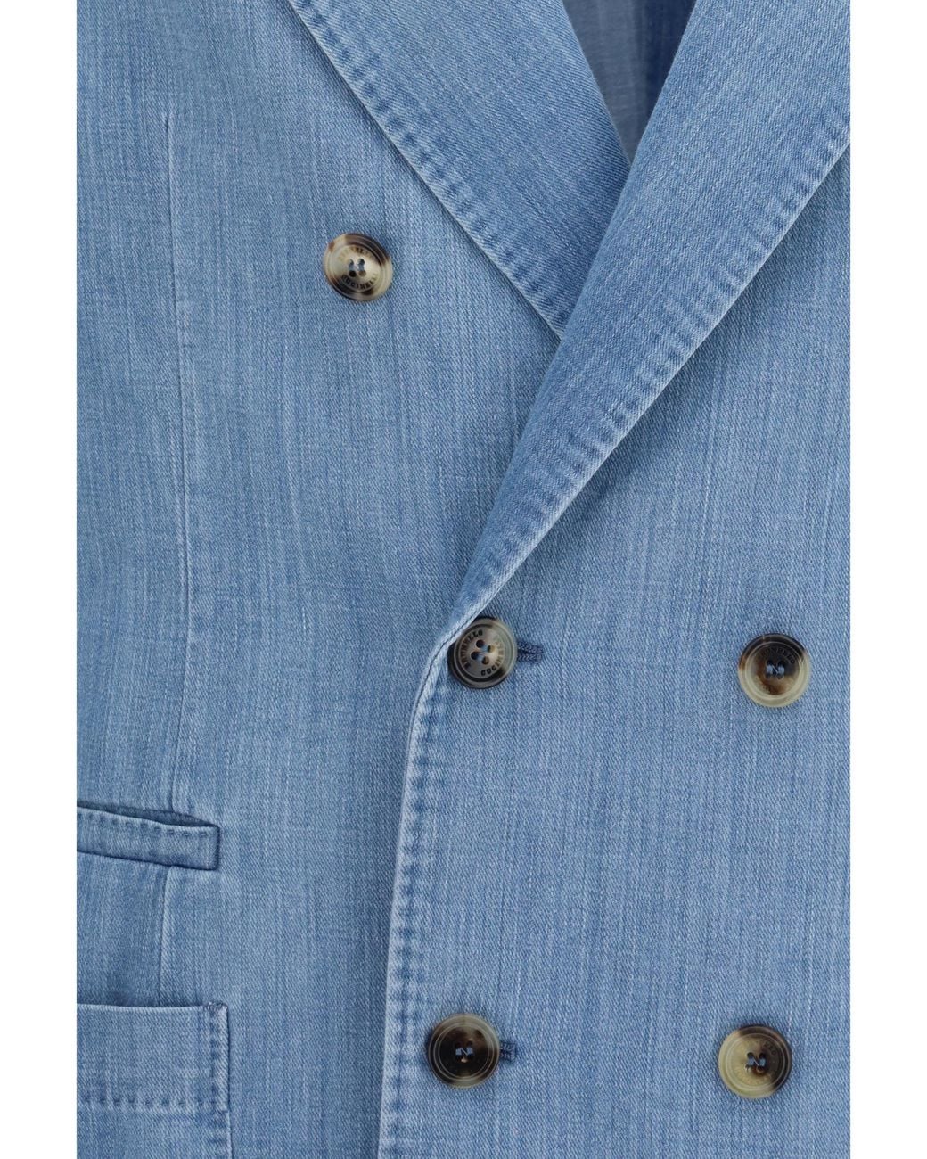 Brunello Cucinelli Blue Denim Double-Breasted Blazer for men