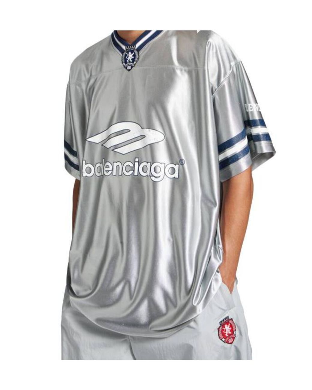 Balenciaga Blue 3B Football V-Neck Oversized T-Shirt for men